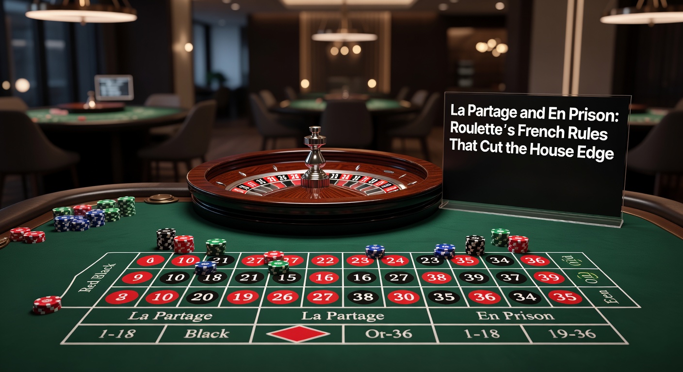 Close-up of a roulette table marker placing a bet 'en prison' after zero lands, with chips held until the next spin