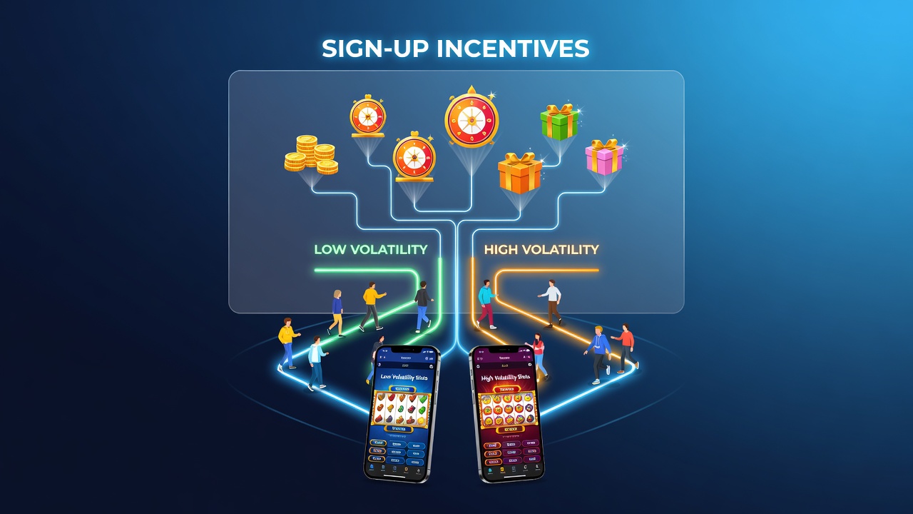 Mobile casino interface displaying sign-up bonus prompts alongside slot game volatility filters
