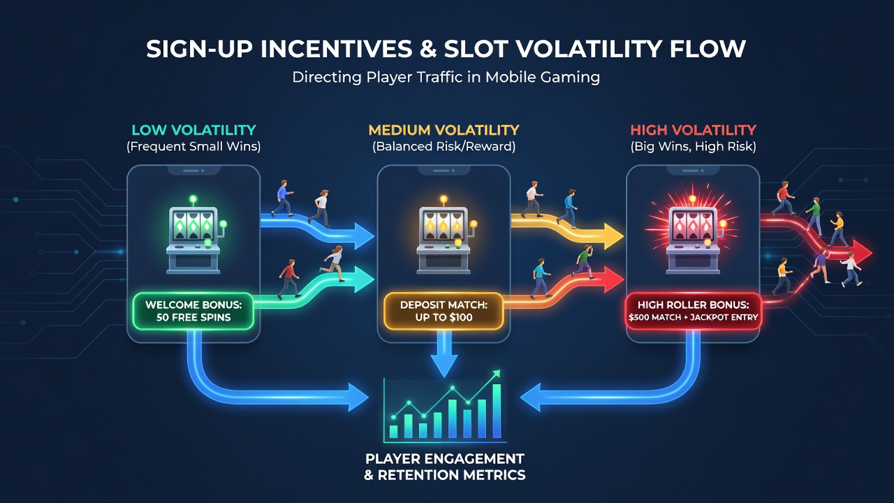 Analytics dashboard showing player traffic distribution across low and high volatility mobile slots following bonus campaigns