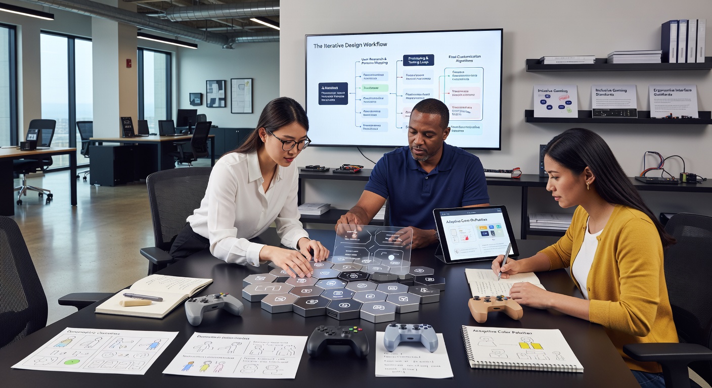 Designers reviewing customizable table game interface prototypes on multiple devices for various player groups